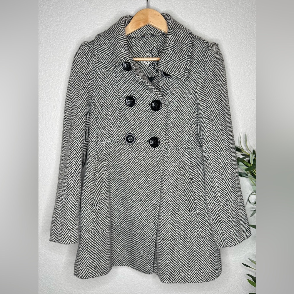 Guess Black and White Herringbone Wool Blend Peacoat Jacket Double Breast MP